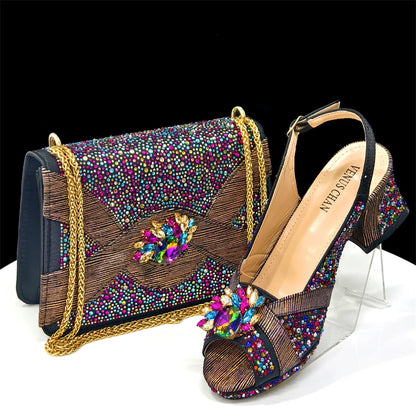 2025 Elegant Women's Peep-Toe Heels and Matching Wine Color Diamond Pumps Set - Stylish Italian Shoes and Bags for Parties