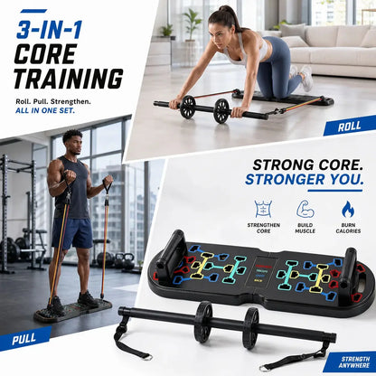 20 in 1 Portable Home Gym Workout Set Foldable Push Up Board with Resistance Bands Pilates Bar Ab Roller Hand Grip Trainer Full Body Fitness Equipment for Home Travel Exercise