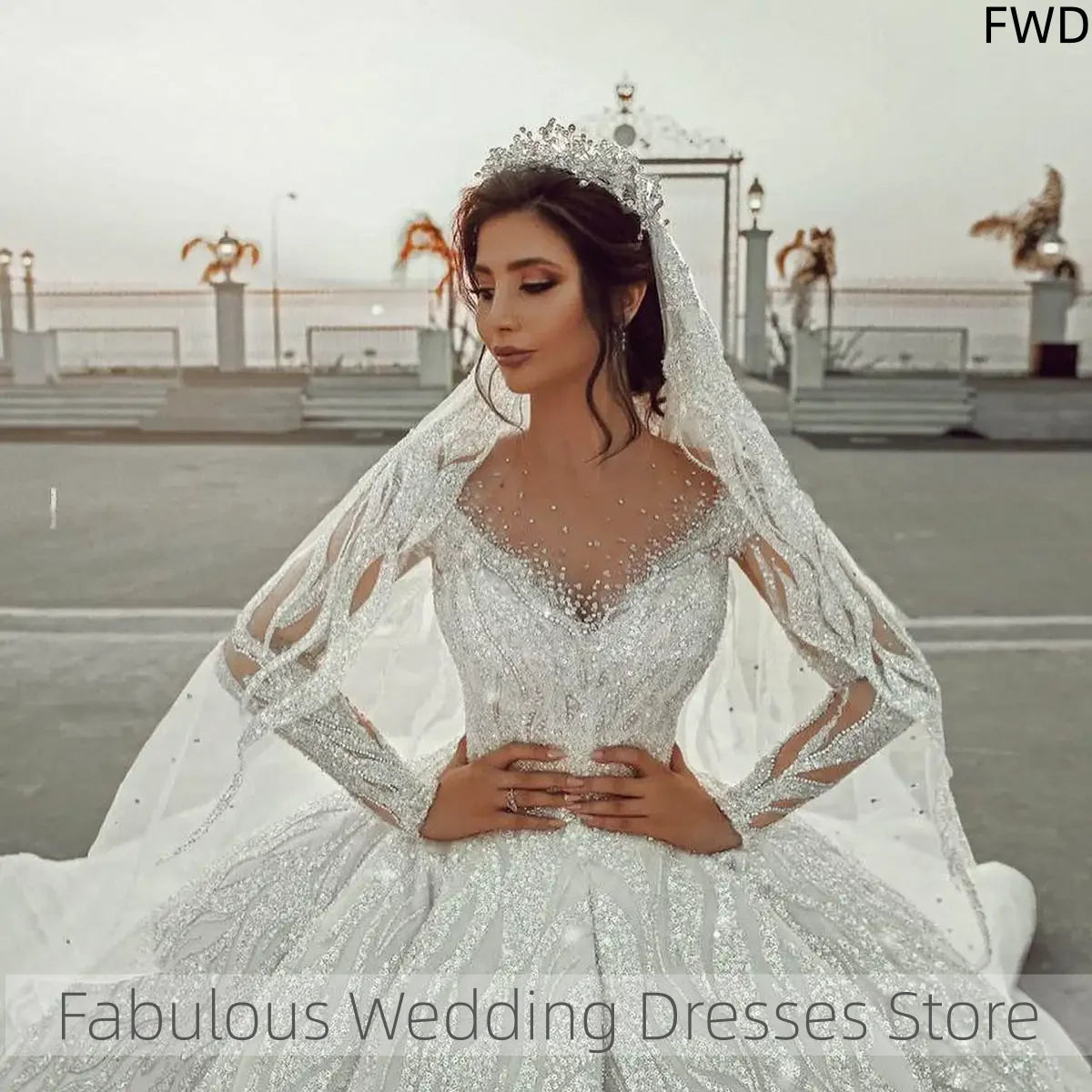 Customized Elegant Wedding Dresses Ball Gown Long Sleeve Appliques Lace Princess Bride Robe De Mariée
