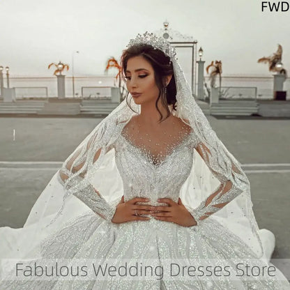 Customized Elegant Wedding Dresses Ball Gown Long Sleeve Appliques Lace Princess Bride Robe De Mariée