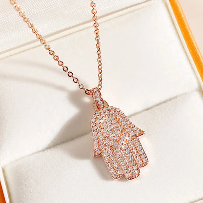 EWYA Hamsa Hand Full 0.9mm Moissanite Pendant Necklace for Woman Men 925 Silver Pass Diamond Test Hip Hop Fine Neck Jewelry Gift