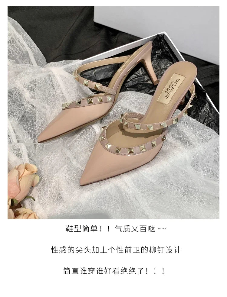 Heeled Sandals Summer Luxury Brand Rivets Women Slippers Fashion Leather Slingbacks Heels Slippers Designer Party Prom Shoes