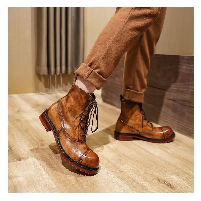 Fashion Cow Genuine Leather Motorcycle Boots Brogue Shoes Retro High Big Head Men's Mid-calf Chelsea Boots For Men Brown