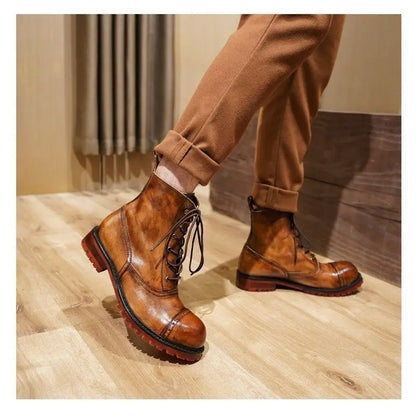 Fashion Cow Genuine Leather Motorcycle Boots Brogue Shoes Retro High Big Head Men's Mid-calf Chelsea Boots For Men Brown