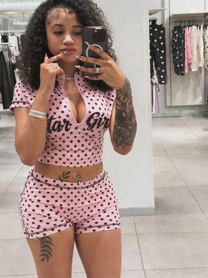 Kliou Polka Dot Print 2 Piece Set Woman Zip Turtleneck Short Sleeve Crop Tops+Skinny Shorts Street Sexy Fashion Style Outfits