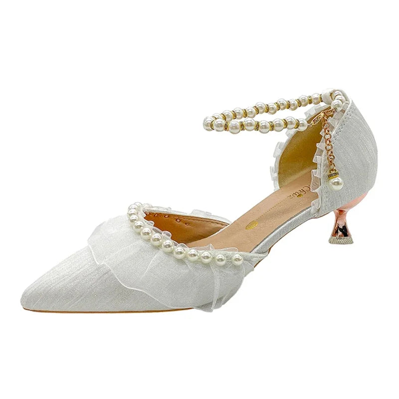 Elegant Pearl Weddings Bridal Pumps for Women 2026 Summer Silk Ankle Straps High Heels Shoes Woman Pointed Toe Dress White Shoes