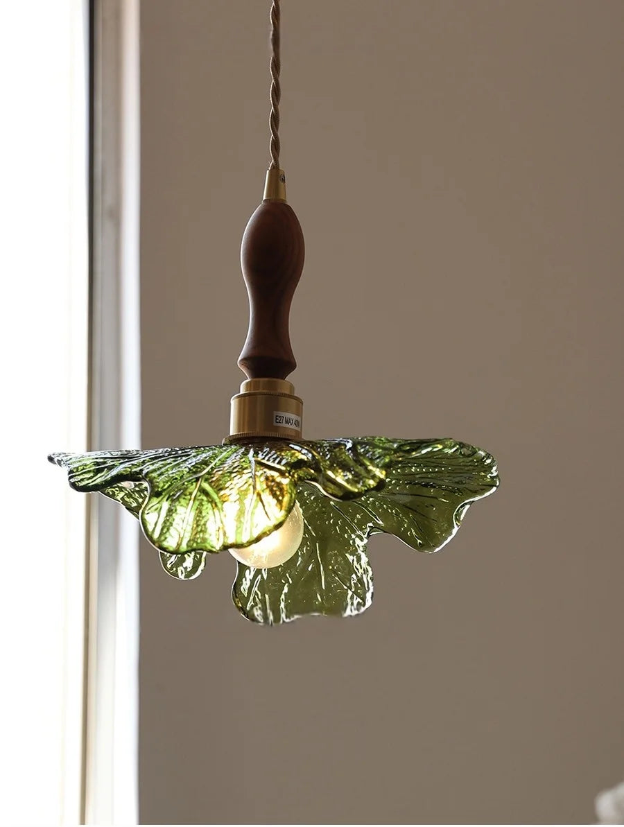 IWHD Home Decor LED Pendant Lights Kitchen Restaurant Copper Socket Flower Green Glass  Nordic Modern Walnut Wood Hanging Lamp