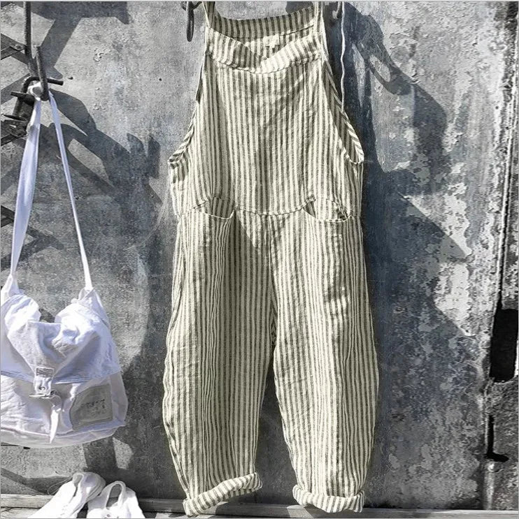 Women's Stripe Jumpsuits Cargo Pants Wide Leg Pants Trousers Multicolor Ethnic Bib Sleeveless Casual Loose Jumpsuit With Pockets