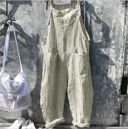 Women's Stripe Jumpsuits Cargo Pants Wide Leg Pants Trousers Multicolor Ethnic Bib Sleeveless Casual Loose Jumpsuit With Pockets