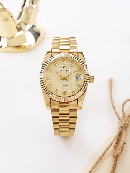 Business Diamond Inlaid Quartz Watch with Calendar Display, Metal Strap, Three-Dimensional Texture Dial, Wear-Resistant Design