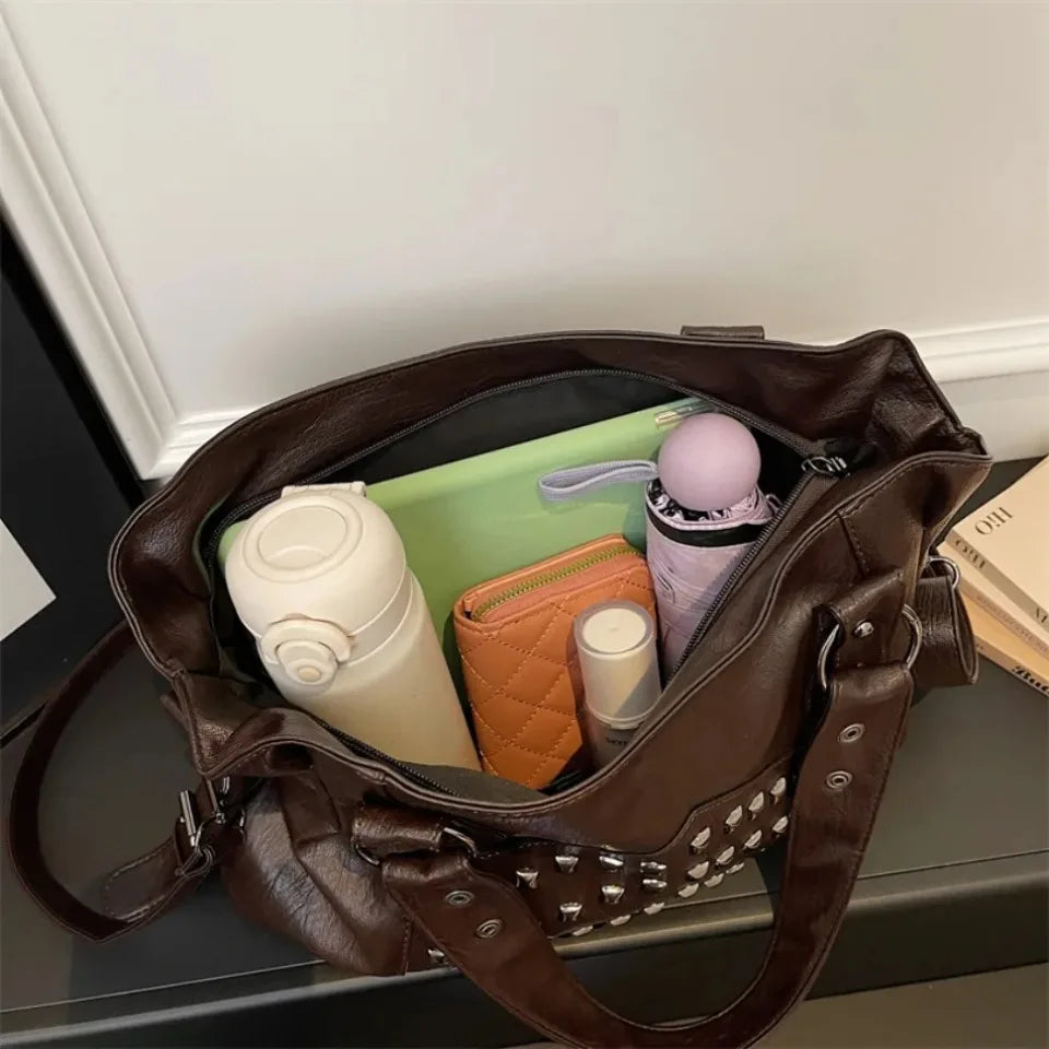 Rivet Punk Large Capacity Handbags Top Quality Sturdy Soft Leather Casual Tote Bag Shoulder Crossbody Bags Daily Commute Travel