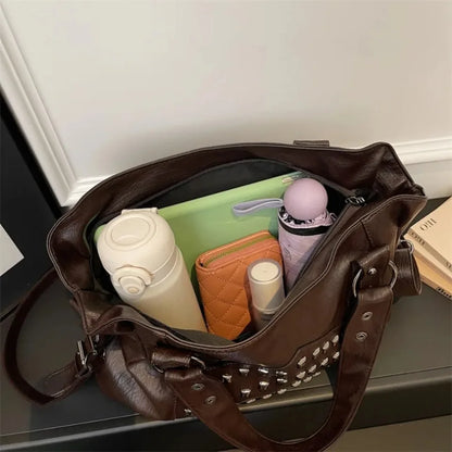 Rivet Punk Large Capacity Handbags Top Quality Sturdy Soft Leather Casual Tote Bag Shoulder Crossbody Bags Daily Commute Travel
