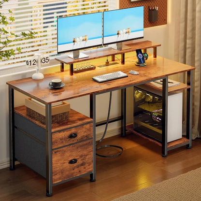 51" Computer Desk with Outlets and LED, Desk with Drawers, Brown