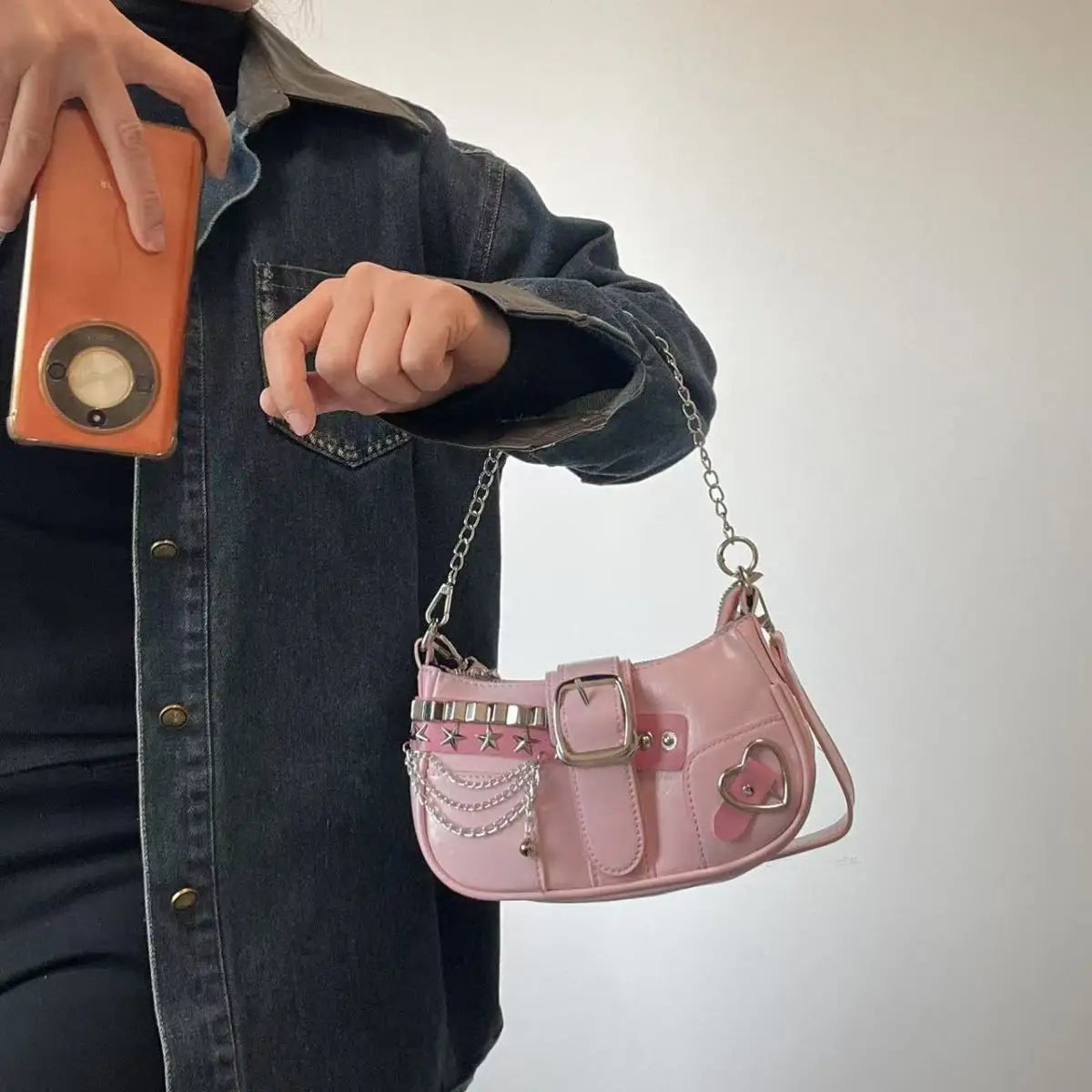 Fashion Hot Girls Square Shoulder Bags Retro Rivet Star Women's Underarm Bag Sweet Pu Leather Female Chain Handbags Pink Purse