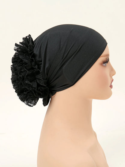 Muslim Women's Hijabs with Lace Chiffon Panhua Solid Color Thin Bottom Hat Islam Head Wrapping Tie Back Turban Female Headband