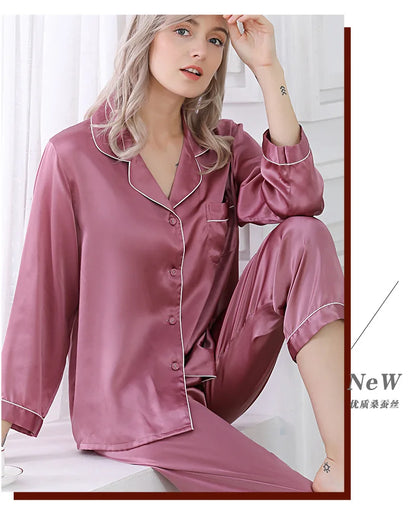 100% Mulberry Silk Pajamas Set for Women Long Sleeve Sleepwear Spring Summer Breathable Lounge Robe Comfortable Cool Silk