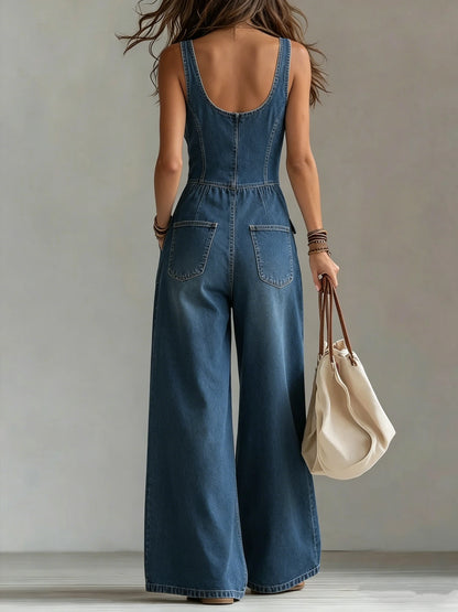 Sexy V Neck Button Denim Jumpsuit Elegant Solid High Waist Woman Romper 2026 Spring Summer Sleeveless Vacation Beach Overalls