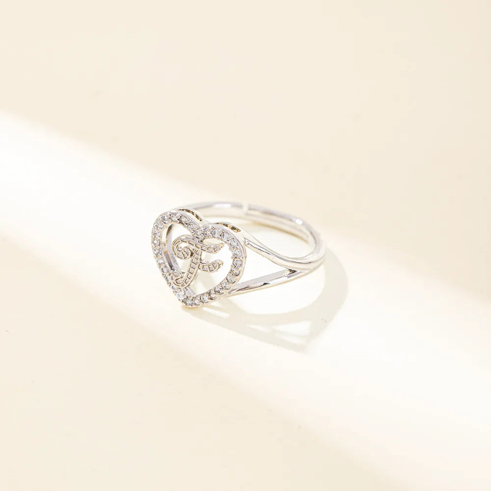 White Zircon 26 Letters A-Z Love Heart Open Adjustable Rings For Women Gold Silver Color Wedding Band Jewelry Mother's Day Gifts