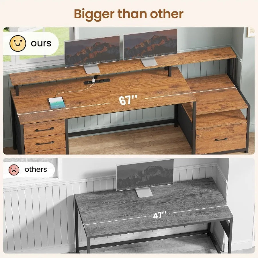 66'' Computer Desk with 5 Drawer, Power Outlet for Home Office