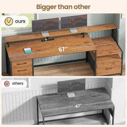 66'' Computer Desk with 5 Drawer, Power Outlet for Home Office