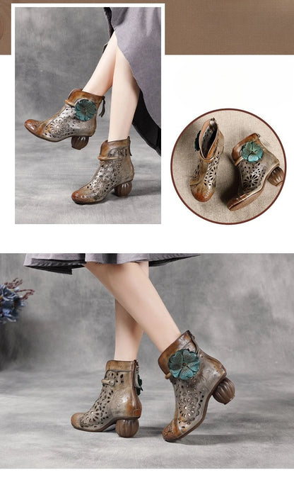 Myjyjz 6cm Genuine Leather Chunky Heels Hollow Women Shoes Ethnic Ankle Boots Zip Summer Pumps Flower Sandals (Size Runs Small）