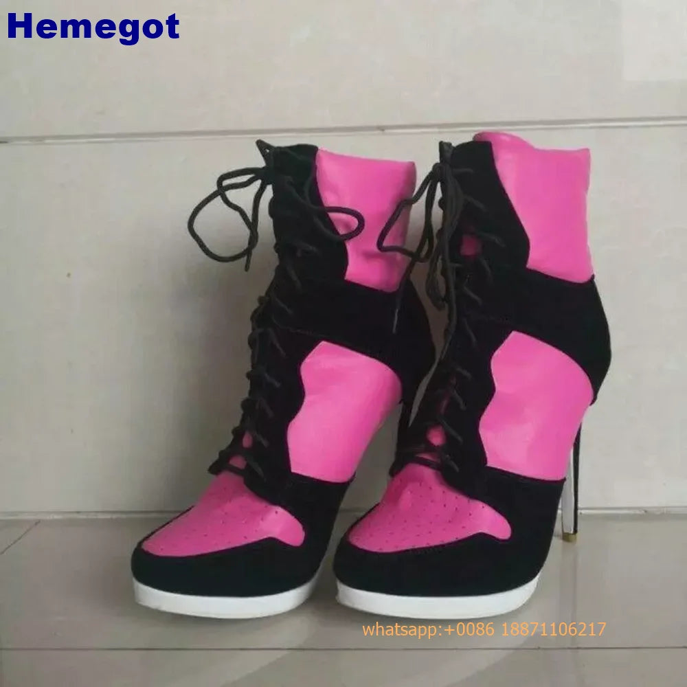 Sports Lace Up Women's Short Boots 2024 Thick Sole Round Toe Mixed Color Stilettos Autumn Winter New Street Style Casual Rock Bo