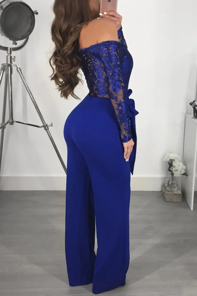 Womens Elegant Off Shoulder Long Pants Wide Leg Jumpsuits Floral Embroidery Lace See Through Cocktail Club Party Evening Rompers