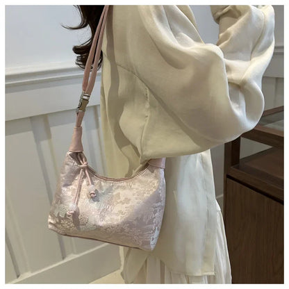 Fashion Luxury Women Embroidery Shoulder Bag Nylon Pearl Pendant Bucket Bag Versatile Handbag Retro Women Crossbody Bags сумка