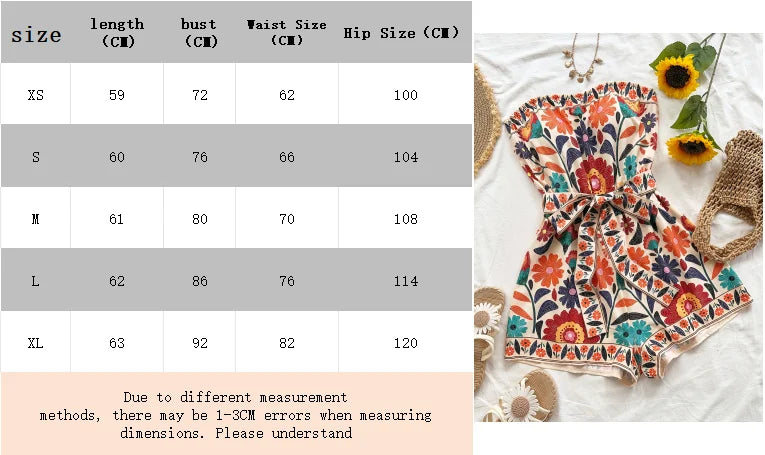 Women's Summer Colorful Folk Printed Crop Top and Shorts Jumpsuit, Suitable for Beaches, Music Festivals, Hippie Styles, Partie