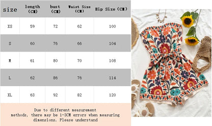 Women's Summer Colorful Folk Printed Crop Top and Shorts Jumpsuit, Suitable for Beaches, Music Festivals, Hippie Styles, Partie