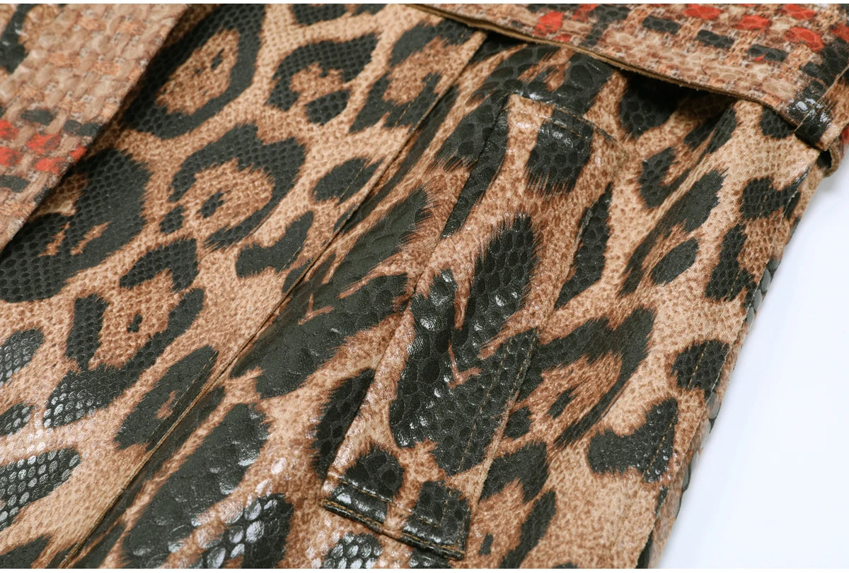 2102 High-quality Spring And Autumn Snake Skin Leopard Print Long Sleeved Leather Belt Temperament Coat Women's Trench Coat