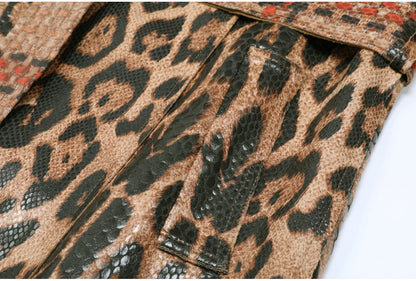 2102 High-quality Spring And Autumn Snake Skin Leopard Print Long Sleeved Leather Belt Temperament Coat Women's Trench Coat
