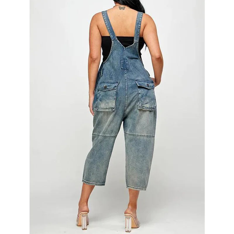 Women One Piece Jumpsuits Denim Pants Overalls Sleeveless Straight Trousers Spliced Rompers Casual Office Ladies Autumn