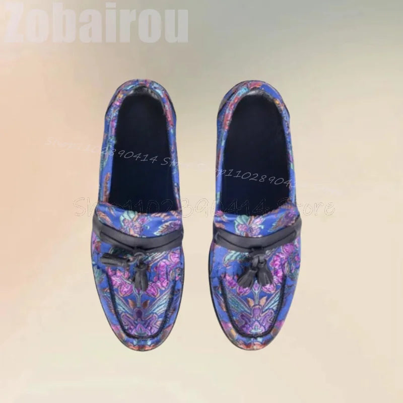 Colorful Floral Print Court Style Tassels Loafers Fashion Slip On Men Shoes Luxury Handmade Party Banquet Dating Men Dress Shoes