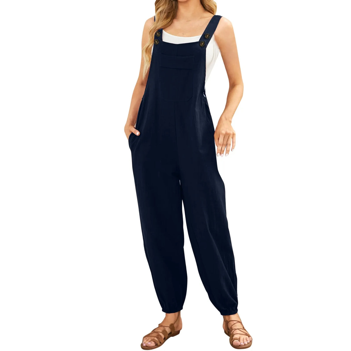 Women'S Sleeveless Overalls Jumpsuit Casual Solid Color Summer Wide Leg Bib Pants Bottons Jumpsuits Rompers With Pockets