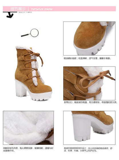 Winter Warm Girls Boots Fashion Lace Up Platform High Heels Women Ankle Boots Cosplay Casaul Party Fur Warm Women Boots Shoes 43