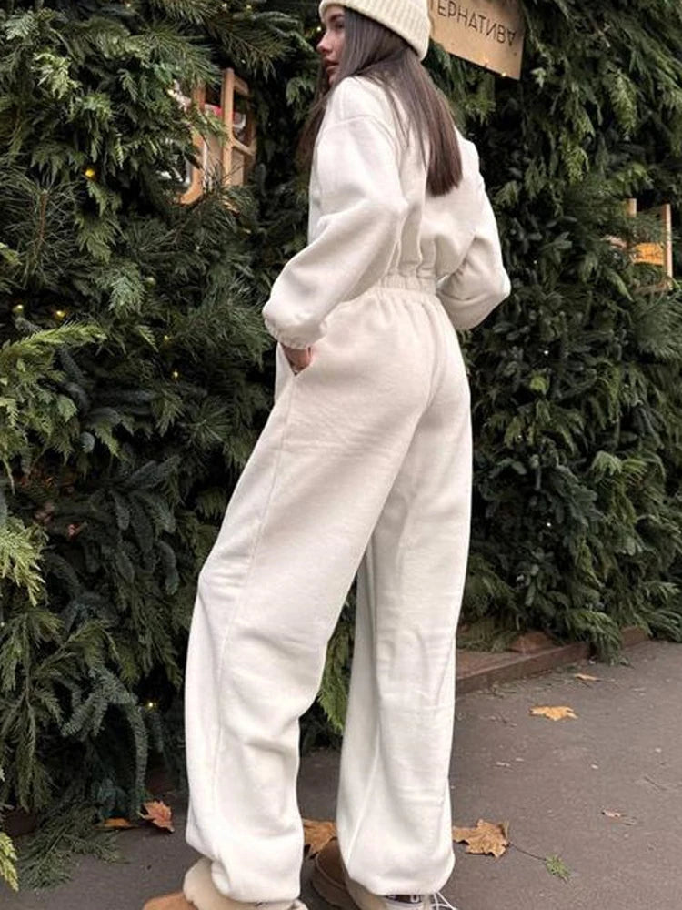 FSMG Casual Long Sleeve Half-Zip Sports Jumpsuits Women's Solid Loose Lapel Elastic Waist Tracksuits Comfy One-Piece Lounge Set