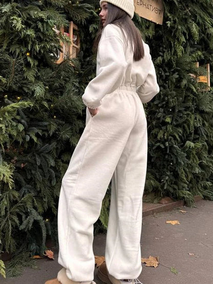 FSMG Casual Long Sleeve Half-Zip Sports Jumpsuits Women's Solid Loose Lapel Elastic Waist Tracksuits Comfy One-Piece Lounge Set