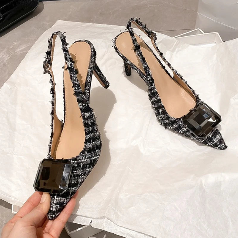 Luxury Diamonds Brand High Heels Women Sexy Pointed Toe Pumps Jewelry Sandals Ladies Elegant  Backless Party Dress Shoes Female