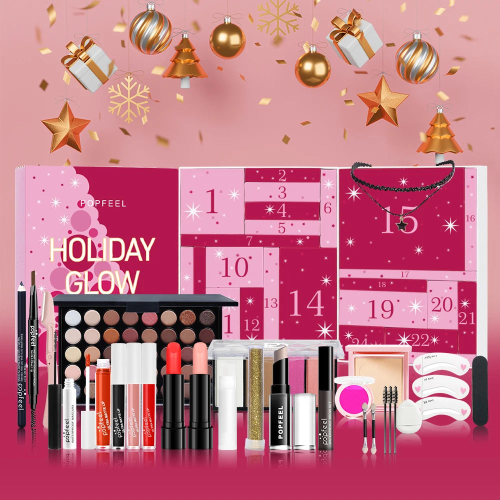 POPFEEL 24 Day Holiday Glow Advent Calendar, Complete Makeup Set with Skincare, Brushes & Cosmetics, 24 Surprise Beauty Gift Box