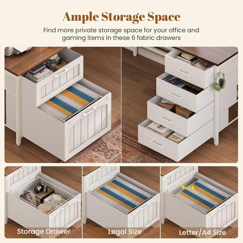 armhouse L Shaped Oice Desk with 6 Der, Reversible Computer Desk with Power Outlet, Hutch or Home Oice/Two Person, Desk with ile