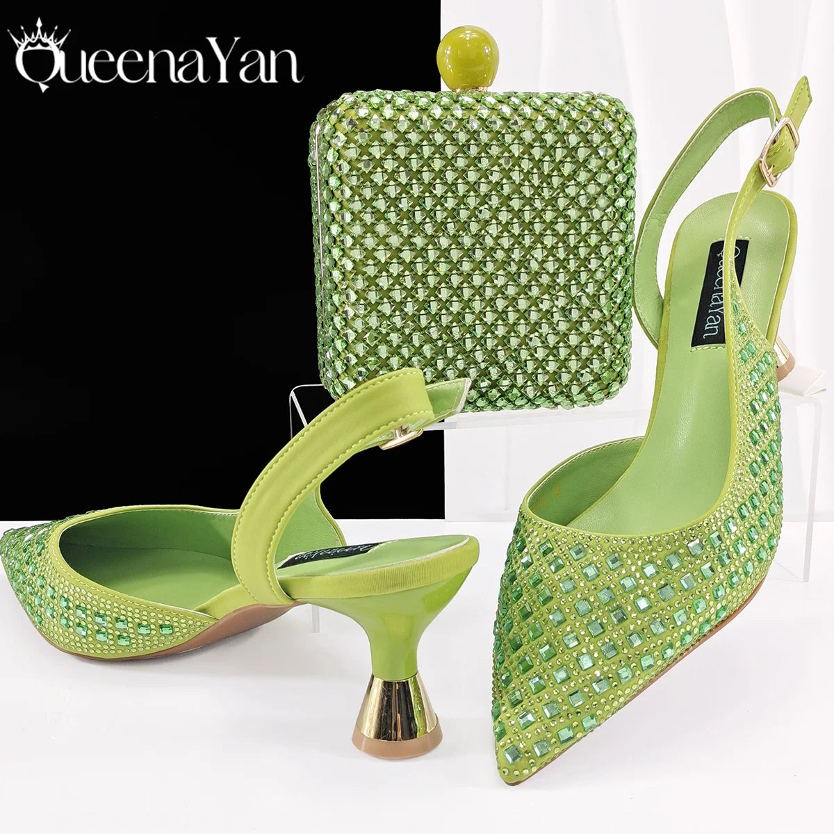 Queena Yan 2026 Italian Design Rhinestone Luxury Navy Blue Pointed Toe Shoe & Bag Set Women High Heels for Parties High Quality