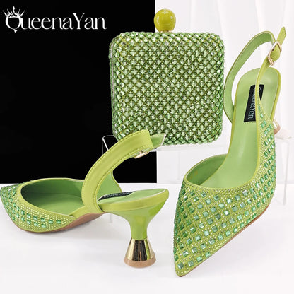 Queena Yan 2026 Italian Design Rhinestone Luxury Navy Blue Pointed Toe Shoe & Bag Set Women High Heels for Parties High Quality