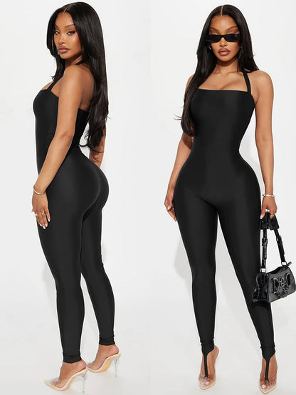 Weird Puss Hipster Backless Jumpsuit Women Halter Lace-Up Low Chest Sexy Solid Midnight Activity Stretch Slim Streetwear Overall