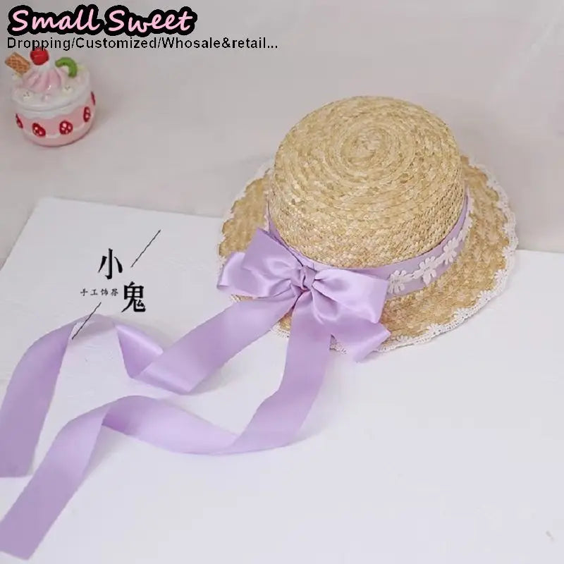 Small Sweet Store Lolita Straw Hat Lolita Princess Lace Bow Ribbon Straw Hat Women Girls Summer Straw Hats Beach Sun Hat