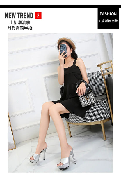 13CM Woman Slippers Mule Patent Leather Sandals Sexy Fashion Slides Party Shoes for Women Luxury Black Summer Platform Sandals