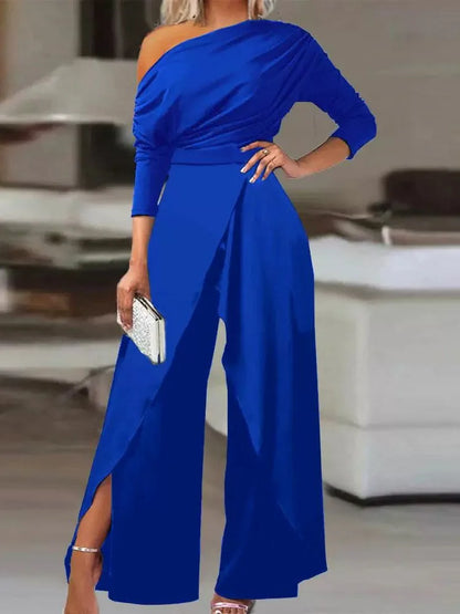 Casual Off Shoulder Jumpsuits Women Spring Autumn Irregular Ruched Wide Leg One Pieces Sets Office Ladies Elegant Party Romper