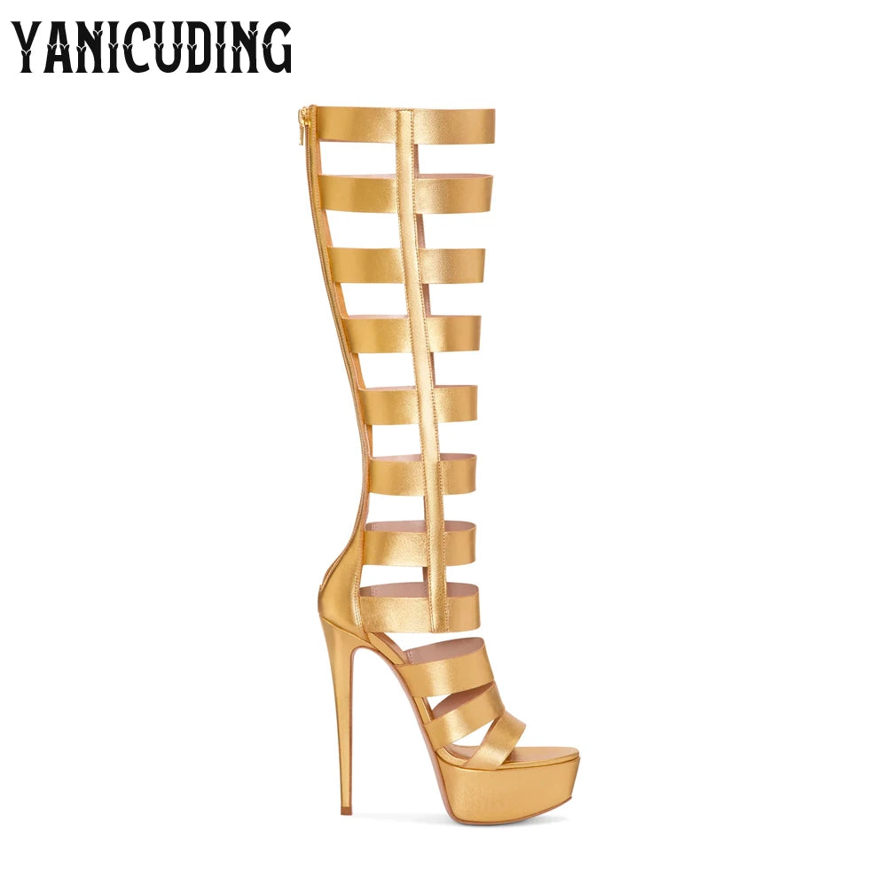 Strappy Gladiator Sandal Boots Metallic Gold Below the Knee Stiletto Boots Fashion Sexy Style Back Zipper Platform Women's Boots