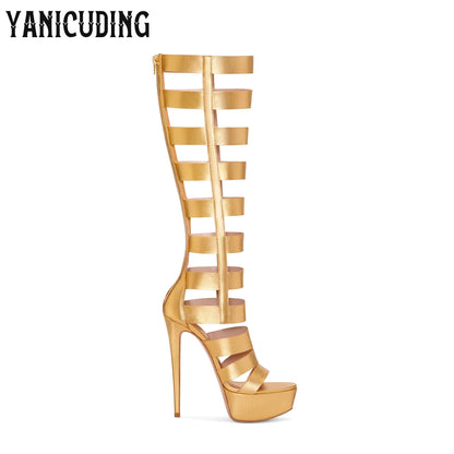 Strappy Gladiator Sandal Boots Metallic Gold Below the Knee Stiletto Boots Fashion Sexy Style Back Zipper Platform Women's Boots