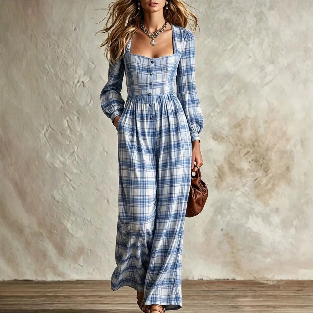 Women's Fashion Square Neck Retro Plaid Long Sleeve Jumpsuit Autumn New Waist Single Breasted Pocket Wide Leg Female Rompers2026